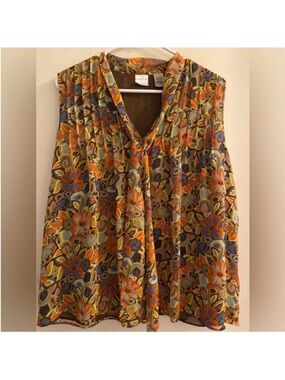 Floral Tie-Neck Sleeveless Blouse in Orange and Olive- sz L